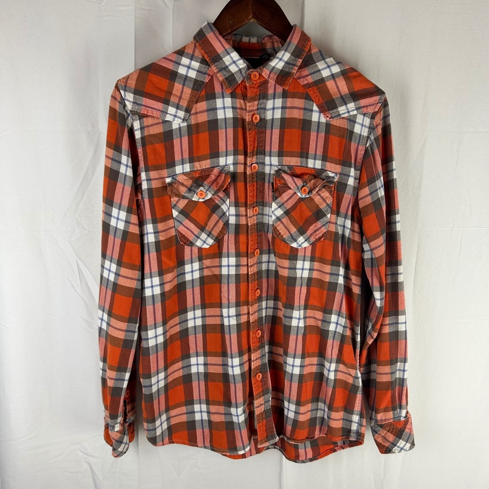 KAVU Mens Plaid Button Up Shirt Orange Brown White Blue Western Size‎ M (fits S)